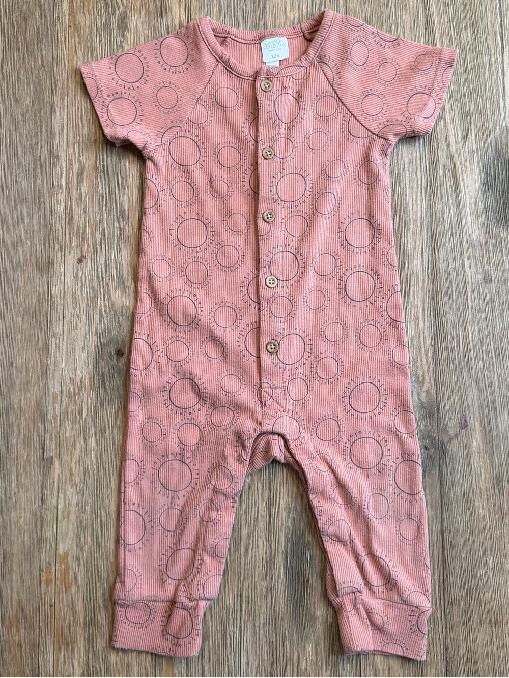 Grayson Collective Short-Sleeve One-Piece Romper Rosie Orange with Sun Print 12m